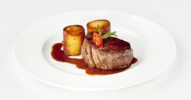 10997379 - beef filet with fondant potato and red wine sauce on a white plate bordelaise