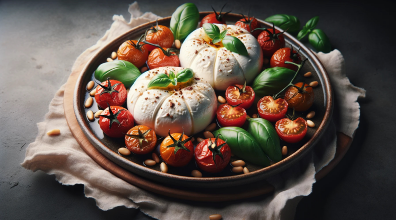 burrata med bagte cherrytomater tomater pinjekerner airfryer air fryer hvidløg
